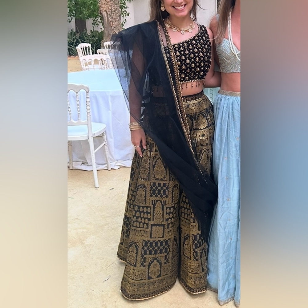 Black & Gold Embroidered Palazzo Pants for Women